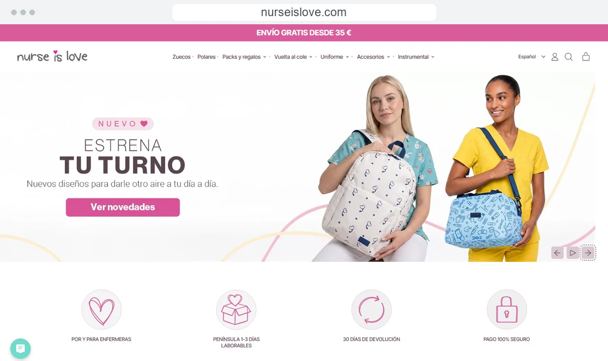 Captura de la web de Nurse is Love, tienda online de productos para enfermeras.