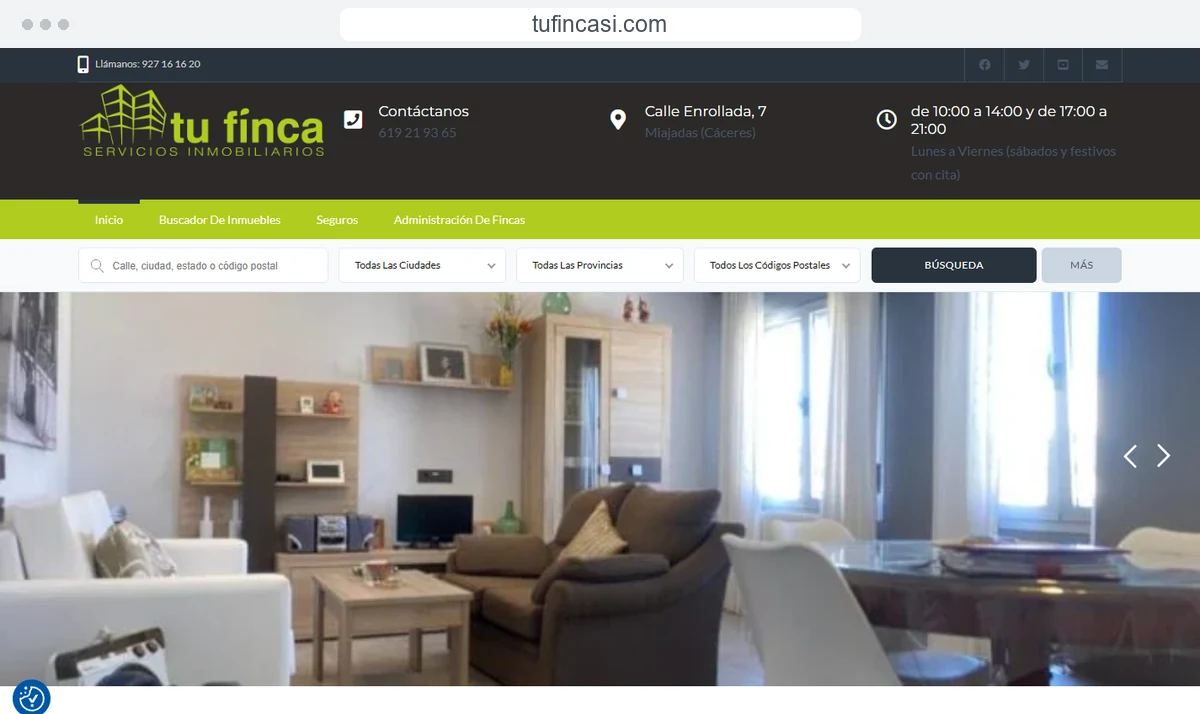 Captura de la web de Tu Finca, servicios inmobiliarios de Miajadas.