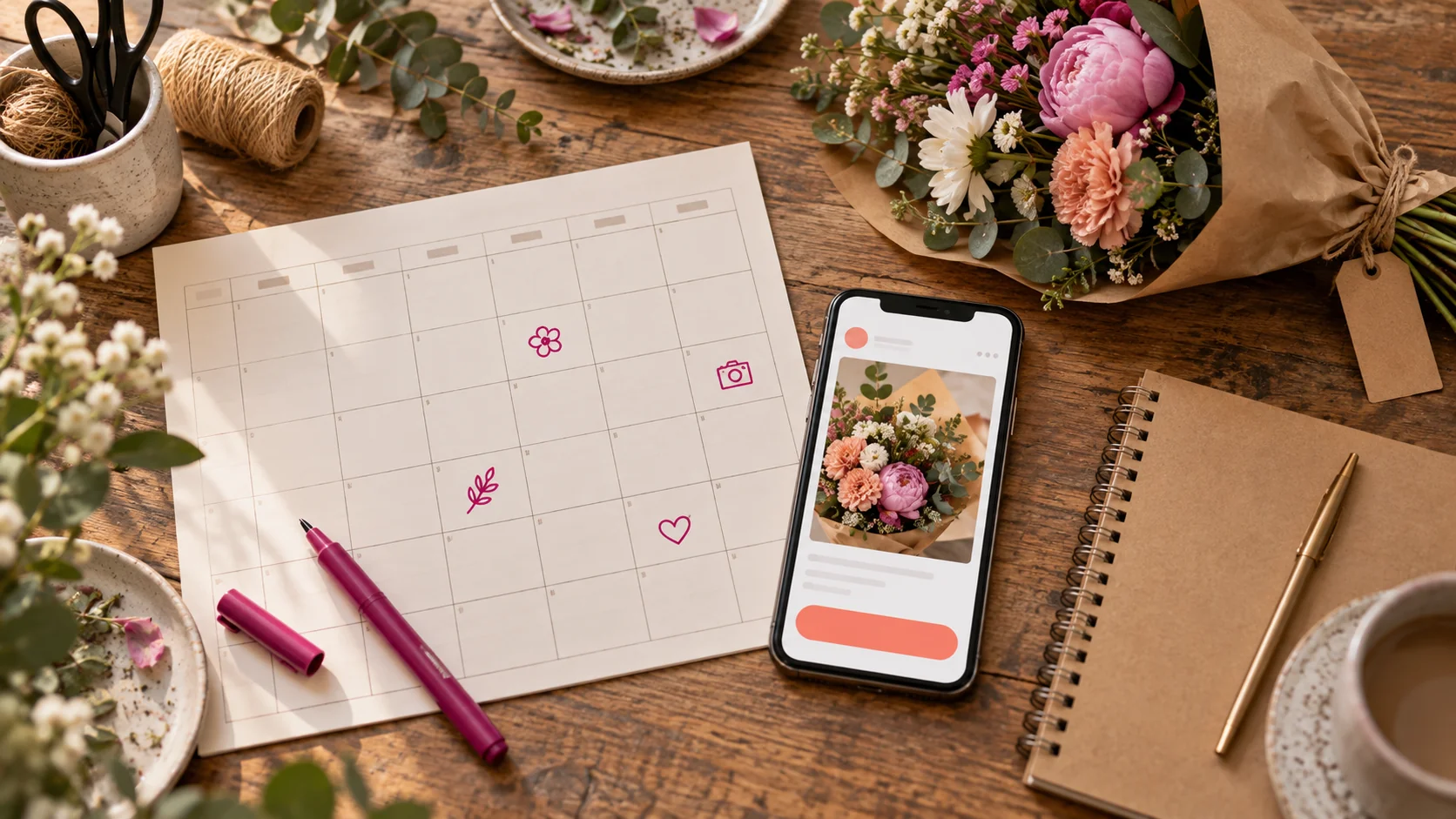 Ilustración de un calendario de publicaciones, un móvil y un ramo sobre la mesa de una floristería.